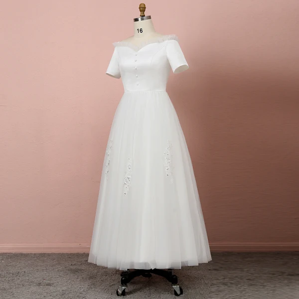 Klassisch Elegante Ivory / Creme Übergröße Brautkleider / Hochzeitskleider 2020 A Linie Wadenlang Kurze Ärmel Einfarbig Off Shoulder Tülle Perlenstickerei Pailletten Sommer Hochzeit