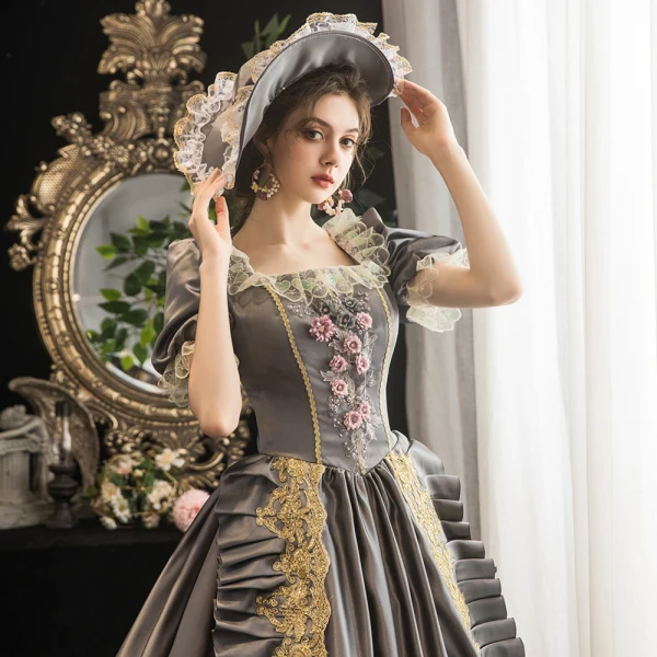 Vintage / Retro Medieval Gothic Grey Ball Gown Prom Dresses 2021 Square Neckline Short Sleeve Floor-Length / Long Beading Pearl Handmade Flower Cosplay Prom Formal Dresses