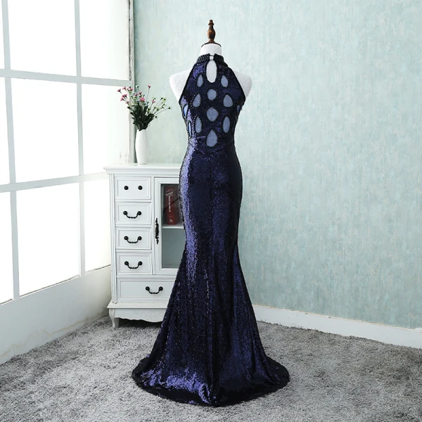 Sparkly Bling Bling Evening Dresses 2018 A-Line / Princess High Neck Zipper Up Navy Blue Court Train Beading Polyester Evening Party Formal Dresses