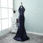 Sparkly Bling Bling Evening Dresses  2018 A-Line / Princess High Neck Zipper Up Navy Blue Court Train Beading Polyester Evening Party Formal Dresses