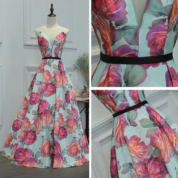 Flower Fairy Multi-Colors Floor-Length / Long Evening Dresses  2018 A-Line / Princess V-Neck Charmeuse Backless Printing Evening Party Prom Dresses