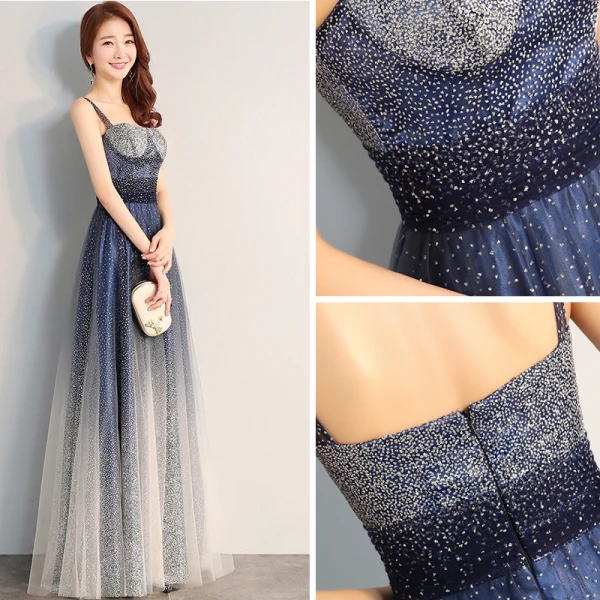 Chic / Beautiful Navy Blue Evening Dresses  2018 A-Line / Princess Tulle Backless Beading Starry Sky Sequins Evening Party Formal Dresses