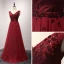 Chic / Beautiful Burgundy Evening Dresses  2017 A-Line / Princess Tulle V-Neck Evening Party Appliques Backless Beading Formal Dresses
