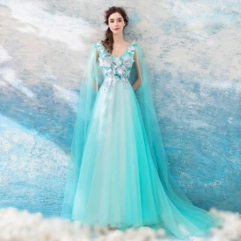 Chic Belle Bleu Ciel Robe De Bal 2018 Princesse Longue Tulle V Cou Papillon Appliques Dos Nu Robe De Ceremonie