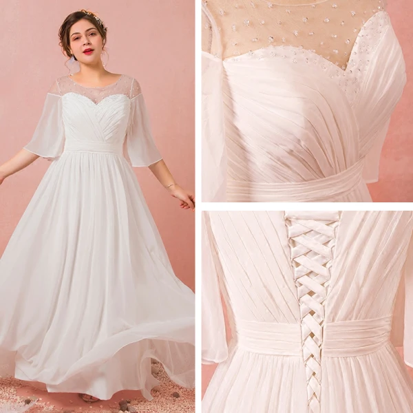 Schlicht Weiß Übergröße Abendkleider 2018 A Linie U-Ausschnitt Chiffon Tülle Perlenstickerei Pailletten Abend Festliche Kleider