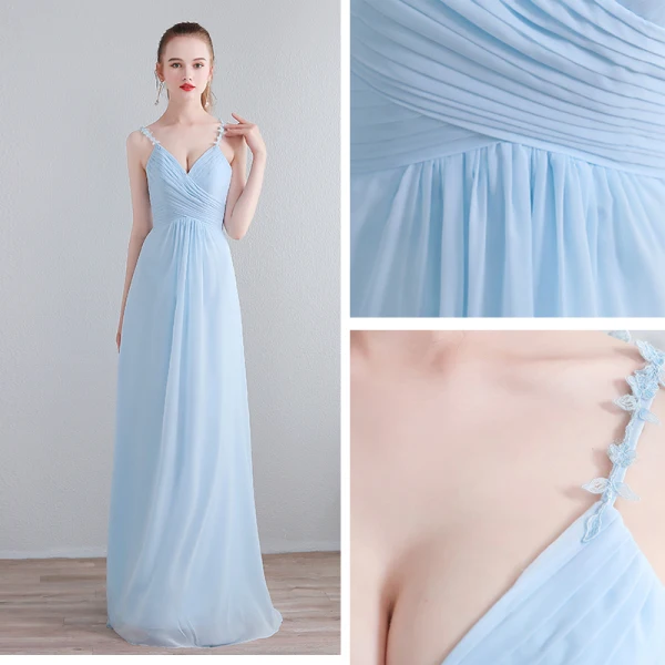 Chic / Beautiful Floor-Length / Long Evening Party Evening Dresses 2018 Chiffon A-Line / Princess V-Neck Sky Blue Lace-up Appliques Backless Formal Dresses