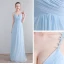 Chic / Beautiful Floor-Length / Long Evening Party Evening Dresses  2018 Chiffon A-Line / Princess V-Neck Sky Blue Lace-up Appliques Backless Formal Dresses