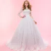 Chic / Beautiful Ivory Chapel Train 2018 Wedding Long Sleeve Lace-up U-Neck Tulle Appliques Backless Pierced Ball Gown Wedding Dresses