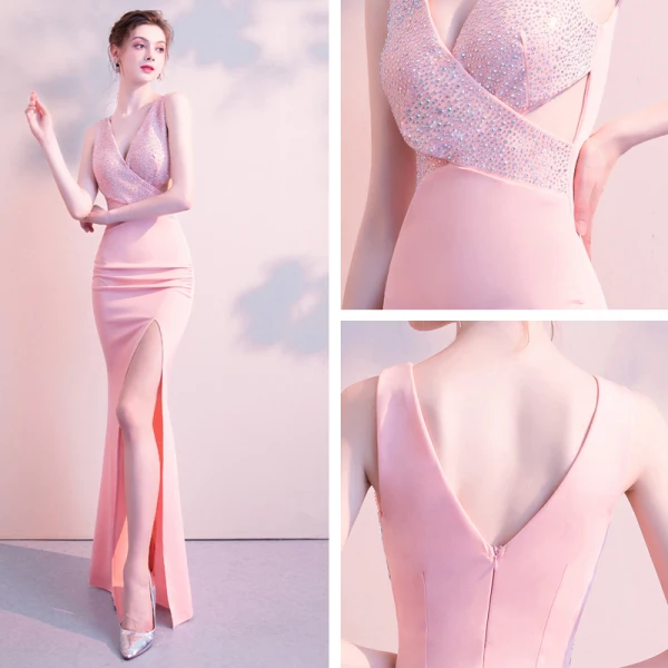 Modern / Fashion Sexy Candy Pink Floor-Length / Long Evening Dresses 2018 Trumpet / Mermaid V-Neck Charmeuse Backless Beading Rhinestone Formal Dresses