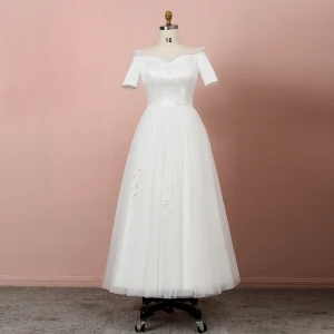 Classic Elegant Ivory Plus Size Wedding Dresses 2020 A Line Princess Tea Length Short Sleeve Solid Color Off The Shoulder Tulle Beading Sequins Summer Wedding