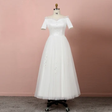 Klassieke Elegante Ivoor Grote Maat Trouwjurken 2020 A Lijn Tea Length Korte Mouwen Effen Kleur Uit De Schouder Tule Kralen Pailletten Zomer Huwelijk