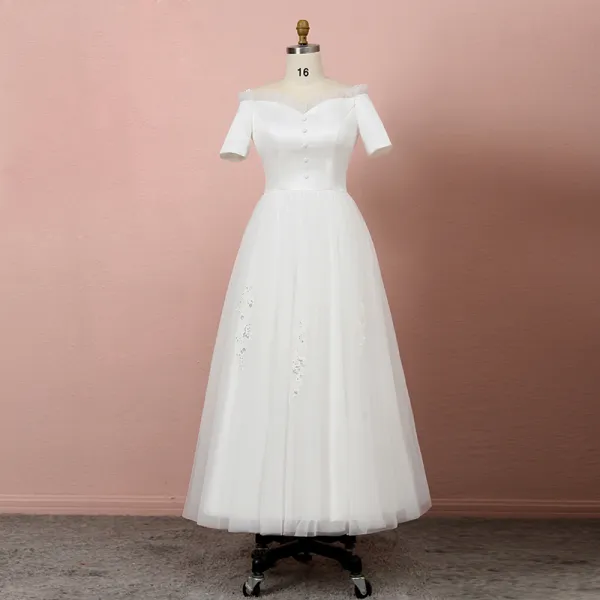 Classic Elegant Ivory Plus Size Wedding Dresses 2020 A-Line / Princess Tea-length Short Sleeve Solid Color Off-The-Shoulder Tulle Beading Sequins Summer Wedding