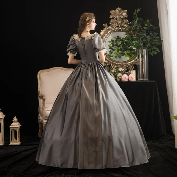 Vintage / Retro Medieval Gothic Grey Ball Gown Prom Dresses 2021 Square Neckline Short Sleeve Floor-Length / Long Beading Pearl Handmade Flower Cosplay Prom Formal Dresses
