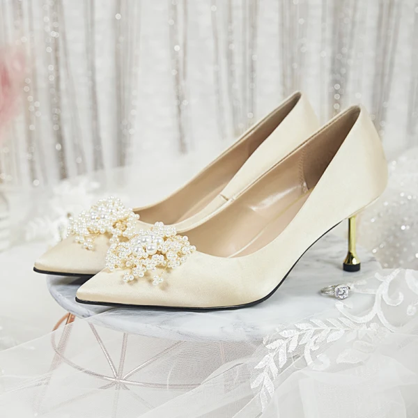 Classique Élégant Rouge Chaussure De Mariée 2020 7 cm Perle Perlage Charmeuse Cocktail Soirée À Bout Pointu Mariage Chaussures Femmes