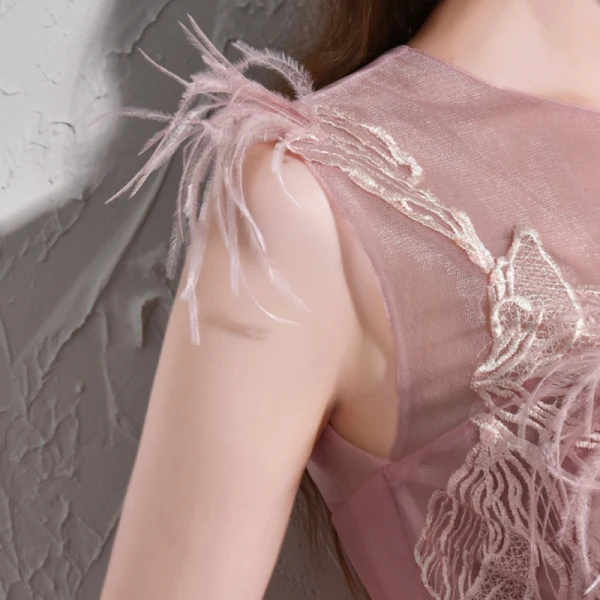 Chic / Belle Rose Bonbon Robe De Soirée 2017 Princesse Tulle U-Cou Plumes Brodé Dos Nu Soirée Robe De Ceremonie