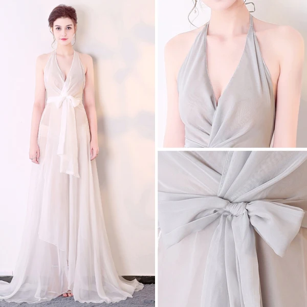 Chic / Beautiful Silver Evening Dresses 2017 A-Line / Princess Tulle Halter Backless Zipper Pierced Beach Evening Party Formal Dresses