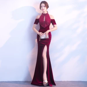 Chic Beautiful Burgundy Evening Dresses 2017 Trumpet Mermaid Zipper Up High Neck Beading Backless Evening Party Formal Dresses