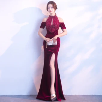 Chic Belle Bordeaux Robe De Soirée 2017 Trompette Sirène Fermeture Éclair Col Haut Perlage Dos Nu Soirée Robe De Ceremonie