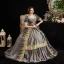 Vintage / Retro Medieval Gothic Grey Ball Gown Prom Dresses 2021 Square Neckline Short Sleeve Floor-Length / Long Beading Pearl Handmade  Flower Cosplay Prom Formal Dresses