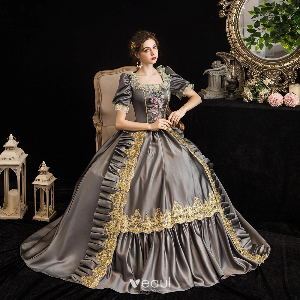 Vintage Retro Medieval Gothic Grey Ball Gown Prom Dresses 2021 Square Neckline Short Vintage Retro Medieval Gothic Grey Ball Gown Prom Dresses 2021 Square Neckline Short