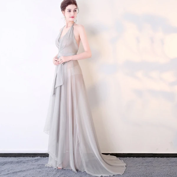 Chic / Beautiful Silver Evening Dresses 2017 A-Line / Princess Tulle Halter Backless Zipper Pierced Beach Evening Party Formal Dresses