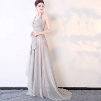 Chic Beautiful Silver Evening Dresses 2017 A Line Princess Tulle Halter Backless Zipper Pierced Beach Evening Party Formal Dresses