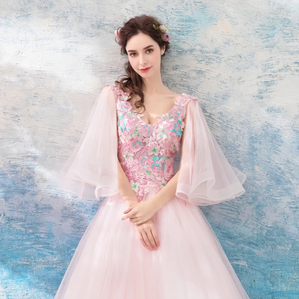 Chic / Beautiful Pearl Pink Prom Dresses 2018 A-Line / Princess Floor-Length / Long V-Neck Tulle Appliques Backless Beading Prom Formal Dresses