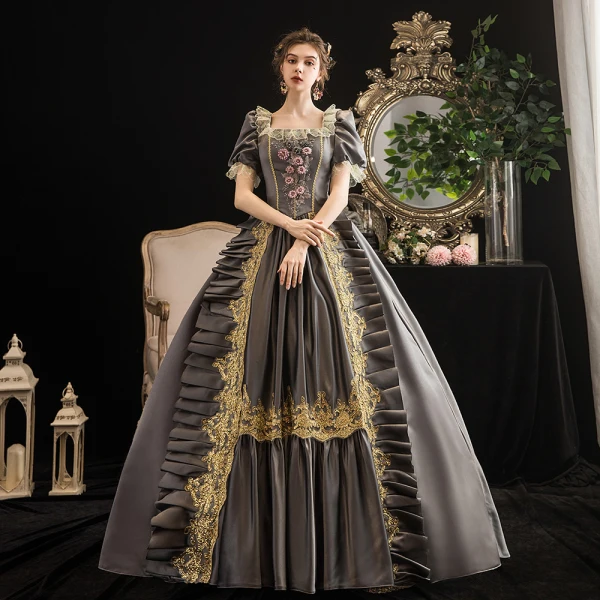 Vintage / Retro Medieval Gothic Grey Ball Gown Prom Dresses 2021 Square Neckline Short Sleeve Floor-Length / Long Beading Pearl Handmade Flower Cosplay Prom Formal Dresses