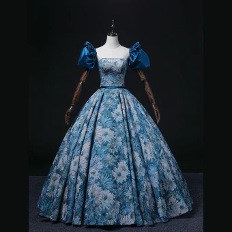 Vintage Originale Océan Bleu Impression Robe De Bal 2022 Robe Boule Bustier Gonflée Manches Courtes Dos Nu Ceinture Longue Promo Robe De Ceremonie