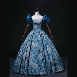 Vintage Meeresblau Drucken Ballkleider 2022 Ballkleid Bandeau Geschwollenes Kurze Ärmel Rückenfreies Stoffgürtel Lange Ball Festliche Kleider