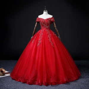 Hermoso Rojo Rebordear Lentejuelas Perla Rhinestone Vestidos De Gala 2022 Ball Gown Fuera Del Hombro Manga Corta Sin Espalda Largos Gala Vestidos Formales