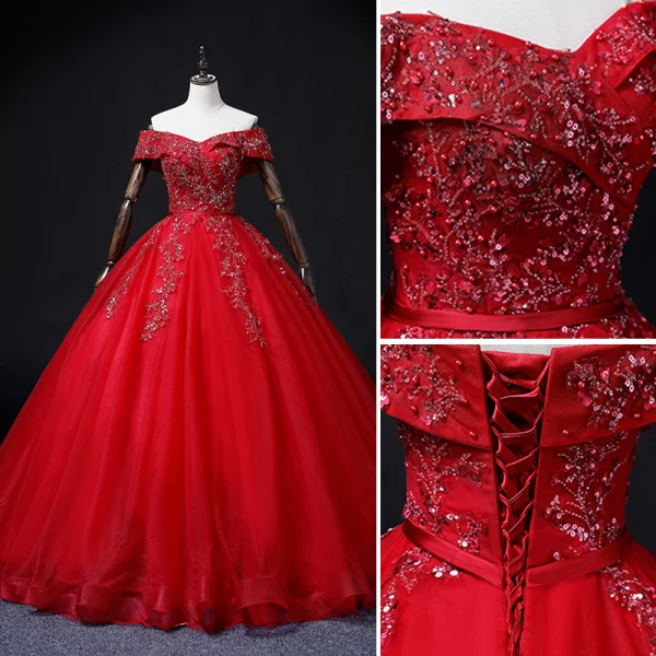 Chic / Beautiful Red Beading Sequins Pearl Rhinestone Prom Dresses 2022 Ball Gown Off-The-Shoulder Short Sleeve Backless Floor-Length / Long Prom Formal Dresses