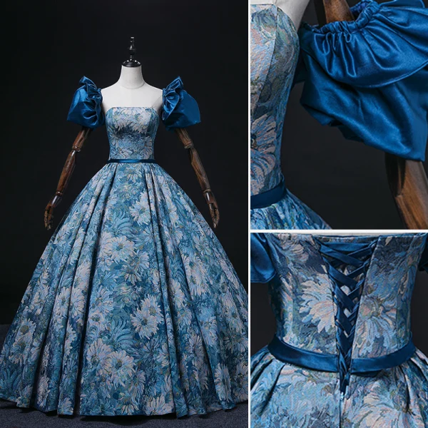 Vintage / Retro Ocean Blue Printing Prom Dresses 2022 Ball Gown Strapless Puffy Short Sleeve Backless Sash Floor-Length / Long Prom Formal Dresses