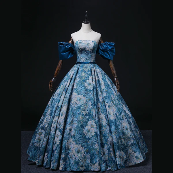 Vintage / Retro Ocean Blue Printing Prom Dresses 2022 Ball Gown Strapless Puffy Short Sleeve Backless Sash Floor-Length / Long Prom Formal Dresses