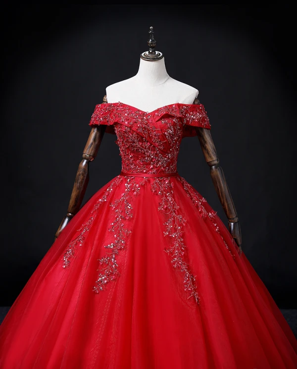 Chic / Beautiful Red Beading Sequins Pearl Rhinestone Prom Dresses 2022 Ball Gown Off-The-Shoulder Short Sleeve Backless Floor-Length / Long Prom Formal Dresses