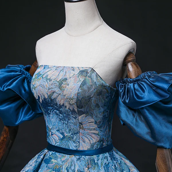 Vintage / Retro Ocean Blue Printing Prom Dresses 2022 Ball Gown Strapless Puffy Short Sleeve Backless Sash Floor-Length / Long Prom Formal Dresses