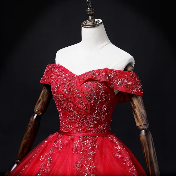 Chic / Beautiful Red Beading Sequins Pearl Rhinestone Prom Dresses 2022 Ball Gown Off-The-Shoulder Short Sleeve Backless Floor-Length / Long Prom Formal Dresses