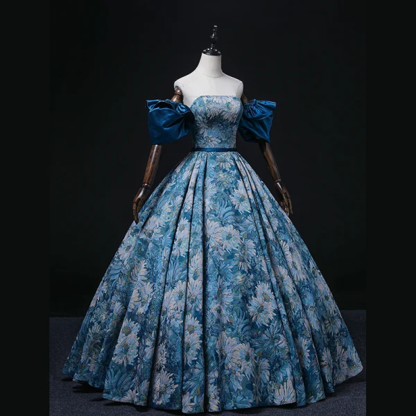 Vintage / Retro Ocean Blue Printing Prom Dresses 2022 Ball Gown Strapless Puffy Short Sleeve Backless Sash Floor-Length / Long Prom Formal Dresses