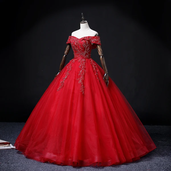 Chic / Beautiful Red Beading Sequins Pearl Rhinestone Prom Dresses 2022 Ball Gown Off-The-Shoulder Short Sleeve Backless Floor-Length / Long Prom Formal Dresses