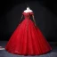 Chic / Beautiful Red Beading Sequins Pearl Rhinestone Prom Dresses 2022 Ball Gown Off-The-Shoulder Short Sleeve Backless Floor-Length / Long Prom Formal Dresses