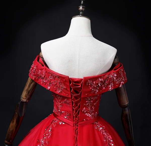 Chic / Beautiful Red Beading Sequins Pearl Rhinestone Prom Dresses 2022 Ball Gown Off-The-Shoulder Short Sleeve Backless Floor-Length / Long Prom Formal Dresses