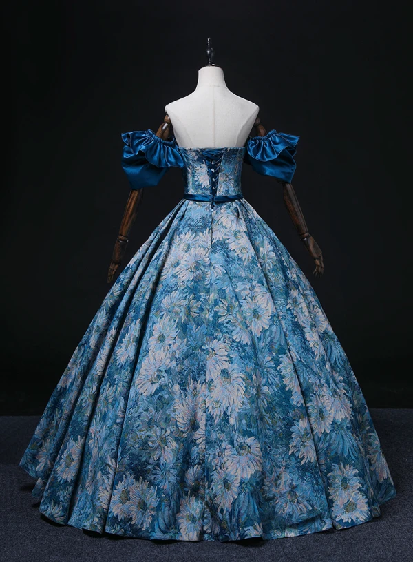 Vintage / Retro Ocean Blue Printing Prom Dresses 2022 Ball Gown Strapless Puffy Short Sleeve Backless Sash Floor-Length / Long Prom Formal Dresses