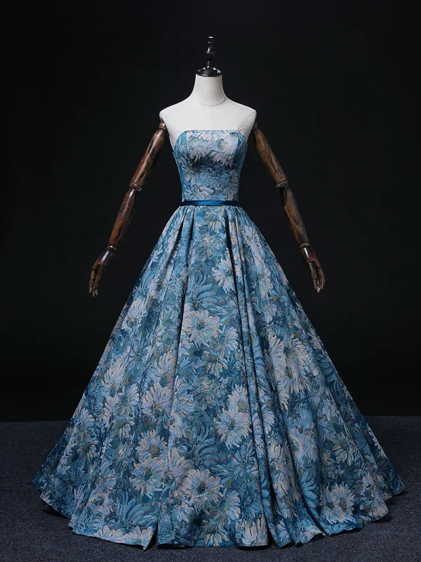 Vintage / Retro Ocean Blue Printing Prom Dresses 2022 Ball Gown Strapless Puffy Short Sleeve Backless Sash Floor-Length / Long Prom Formal Dresses