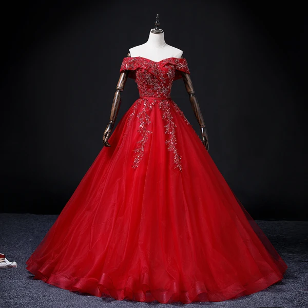 Chic / Beautiful Red Beading Sequins Pearl Rhinestone Prom Dresses 2022 Ball Gown Off-The-Shoulder Short Sleeve Backless Floor-Length / Long Prom Formal Dresses