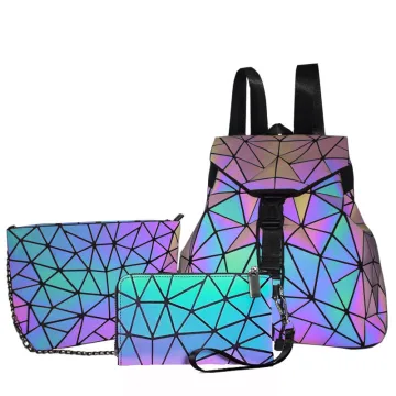 3 Stuks Regenboog Lichtgevend Geometrische Schoudertas Rugzakken Portemonnee 2021 Multi Kleuren Straatkleding Toevallig Holografisch Reflecterend Dames Tassen