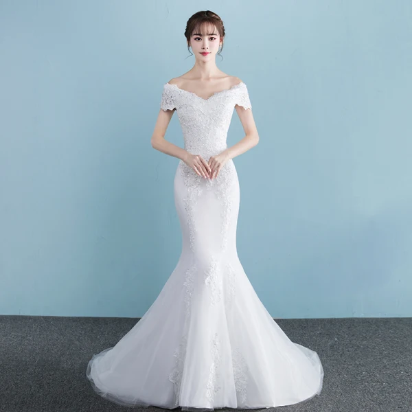 Chic / Beautiful Church Hall Wedding Dresses 2017 White Trumpet / Mermaid Court Train V-Neck Short Sleeve Backless Lace Appliques Rhinestone