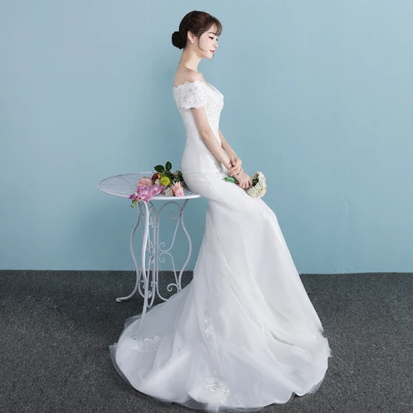 Chic / Beautiful Church Hall Wedding Dresses 2017 White Trumpet / Mermaid Court Train V-Neck Short Sleeve Backless Lace Appliques Rhinestone
