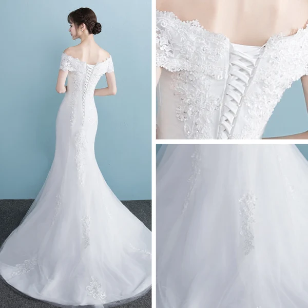 Chic / Beautiful Church Hall Wedding Dresses 2017 White Trumpet / Mermaid Court Train V-Neck Short Sleeve Backless Lace Appliques Rhinestone