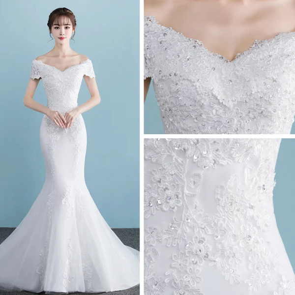 Chic / Beautiful Church Hall Wedding Dresses 2017 White Trumpet / Mermaid Court Train V-Neck Short Sleeve Backless Lace Appliques Rhinestone