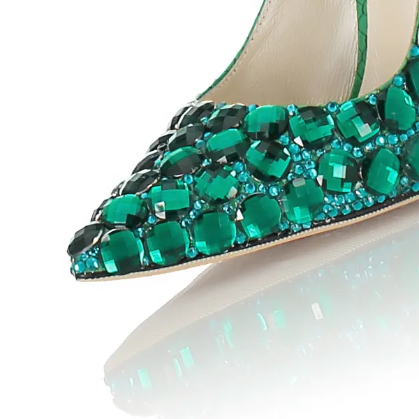Mode Abend Grün Strass Pumps 2022 Leder 10 cm Stilettos Spitzschuh Pumps Hochhackige